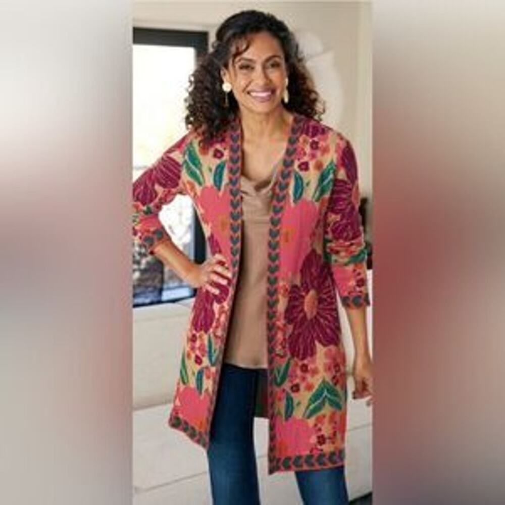 Soft Surroundings Floral Print Open Front Duster Cardigan Red Women's Medium